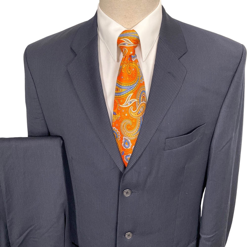 Lauren Ralph Lauren Suit Mens 42L 35W 31L Navy Pinstripe 2-Button Formal Wool